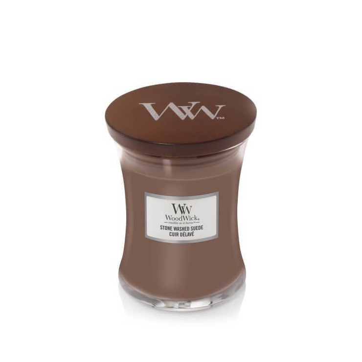 Średnia świeca Stone Washed Suede Woodwick Średnia świeca Stone Washed Suede Woodwick